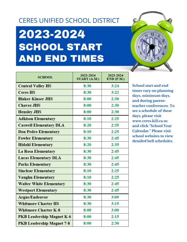 Schedule of 2023-2024 school start/end times