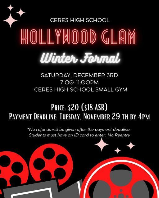 ceres high school hollywood glam winter formal flyer in black and red