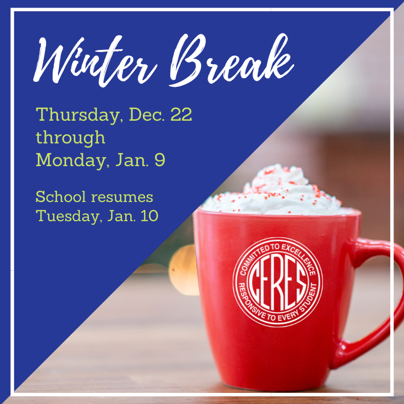 Graphic with photo of red mug of hot drink topped with whipped cream; message reads Winter Break Thursday Dec. 22 through Monday, Jan. 9