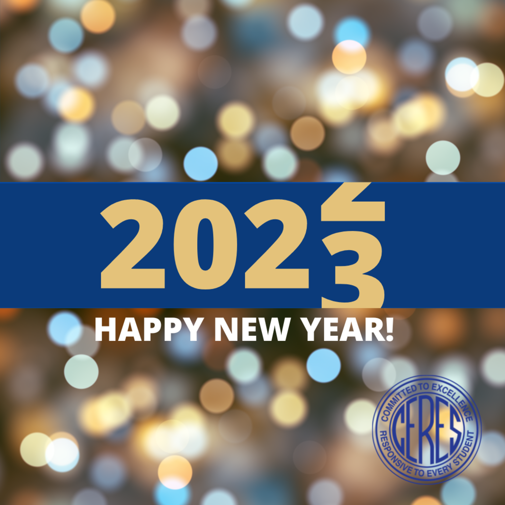 Graphic with gold and blue lights in background, text reads "2023 Happy New Year"