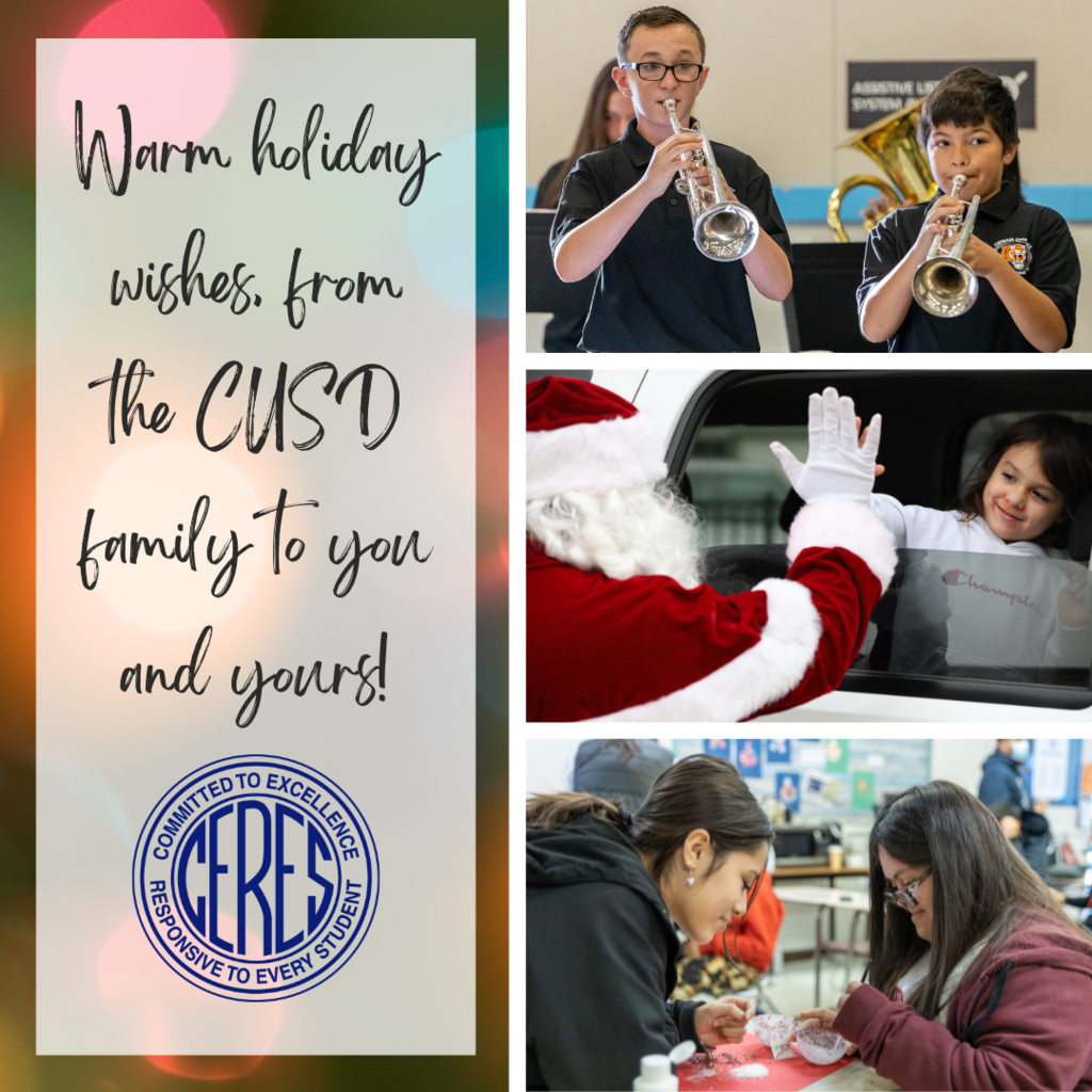 Collage of student photos wish text that reads "Warm holiday wishes from the CUSD family to you and yours"
