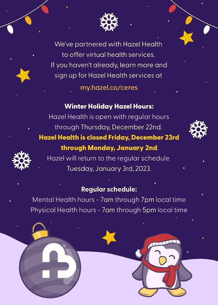 Hazel Health holiday hours flyer