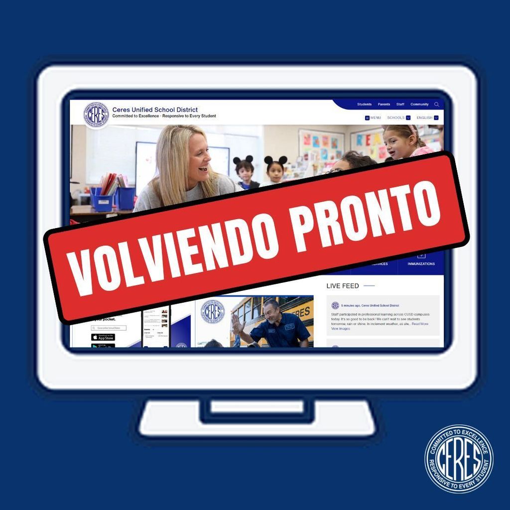 Sign across computer screen showing CUSD website reads "Volviendo Pronto"