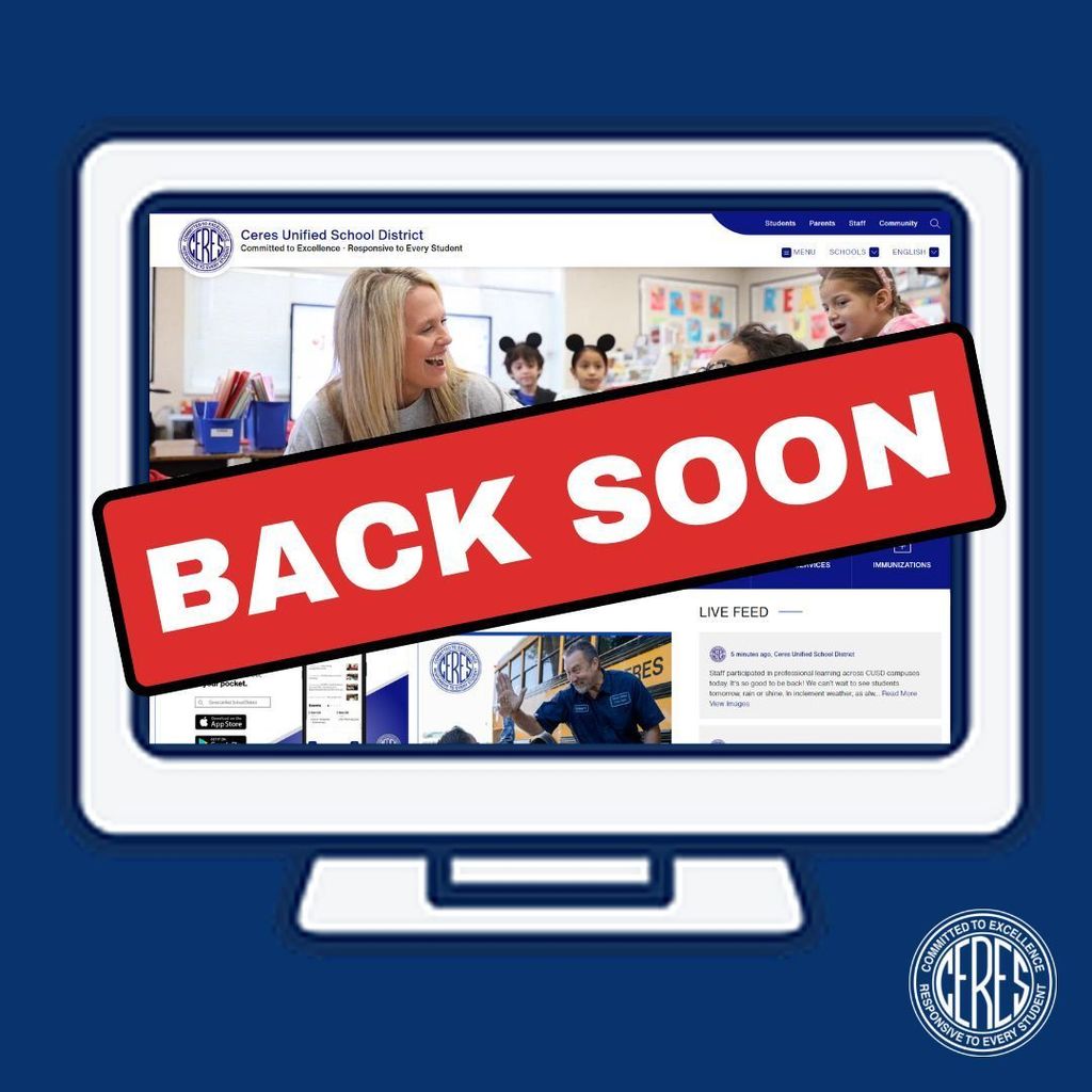 Sign across computer screen showing CUSD website reads "Back Soon"