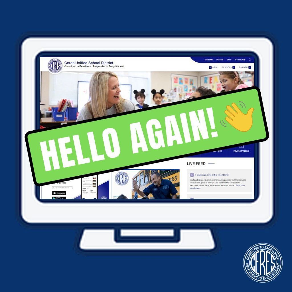 Sign across computer screen showing CUSD website reads "Hello Again!"