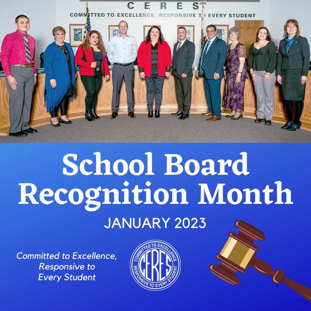 Photo of Board members in front of dias, text reads "School Board Recognition Month"