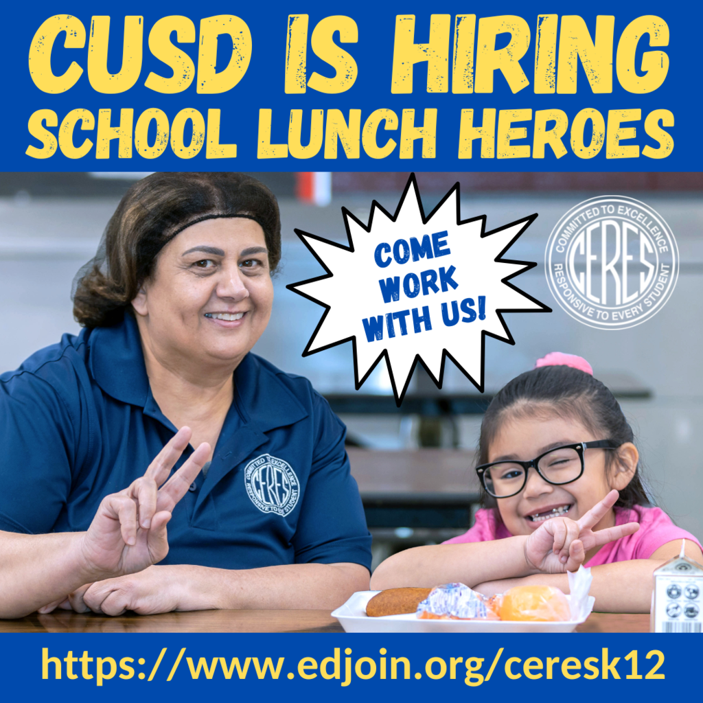 Cafeteria employee with little girl flashing "peace" signs; graphic reads "CUSD is hiring school lunch heroes"