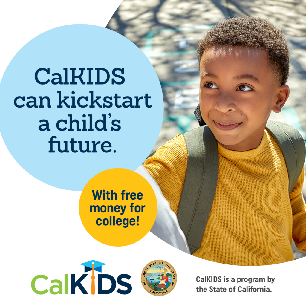 Young boy wearing backpack; graphic reads "CalKIDS can kickstart a child's future"