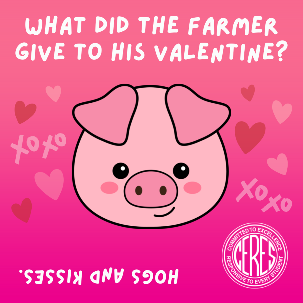 Image of pig with hearts reads, "What did the farmer give to his valentine?" Answer: Hogs and kisses
