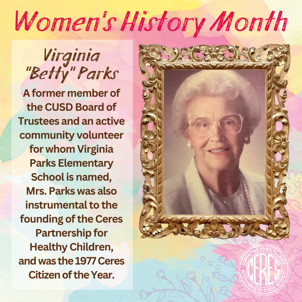 Photo of Virginia Parks in gold frame on pastel background, with brief bio