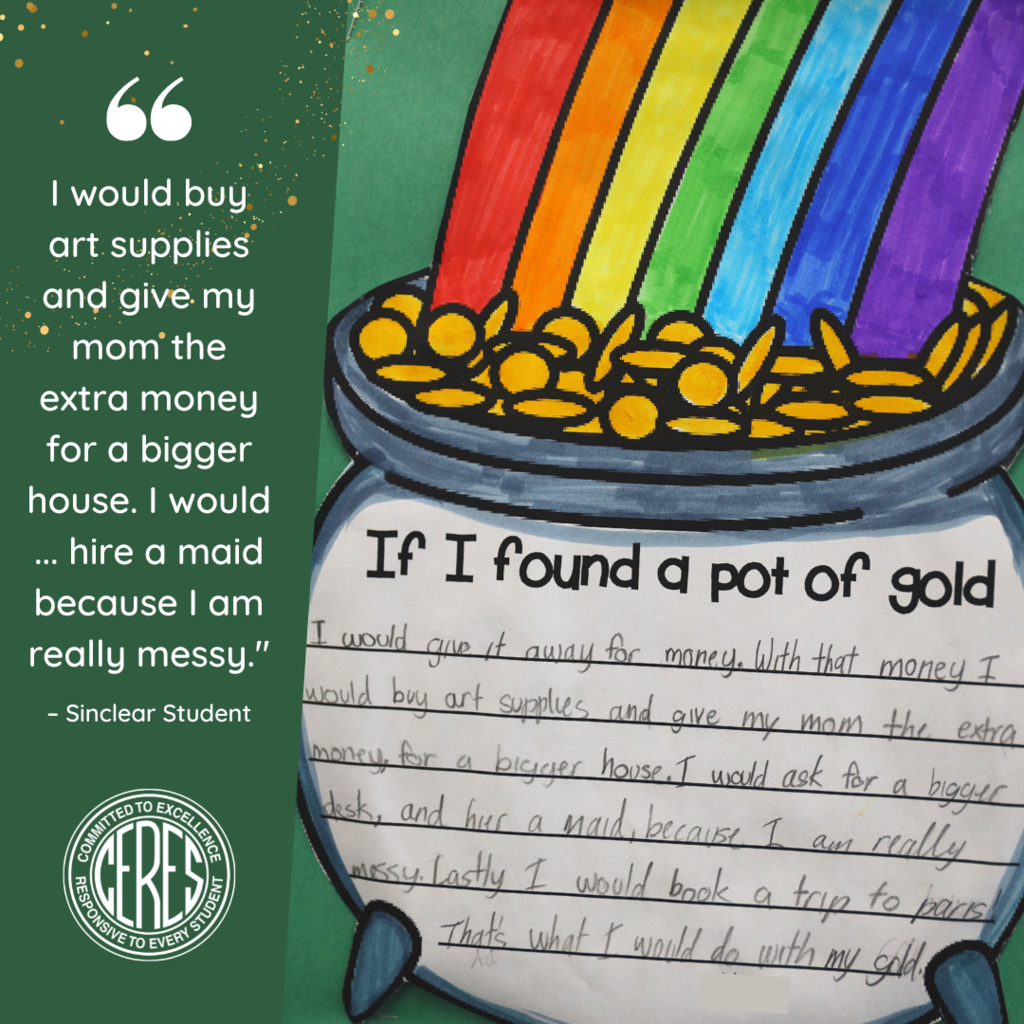 Student artwork and writing depicting finding a pot of gold