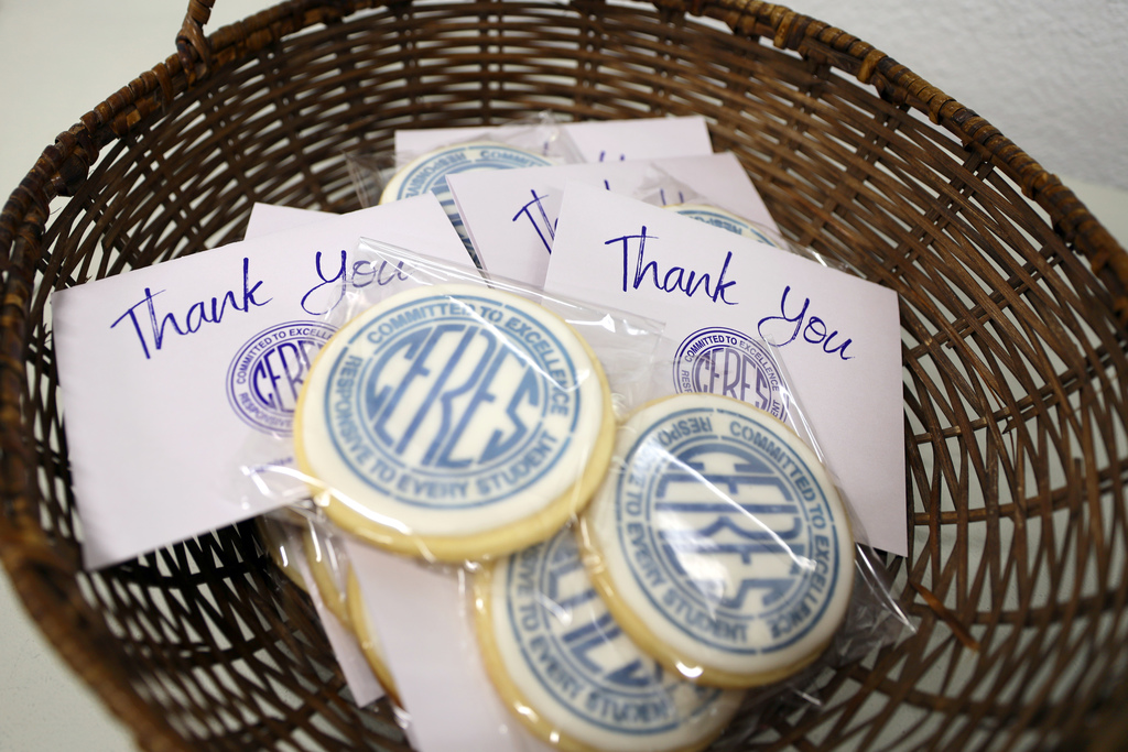 Basket of cookies and thank you notes decorated with CUSD logo