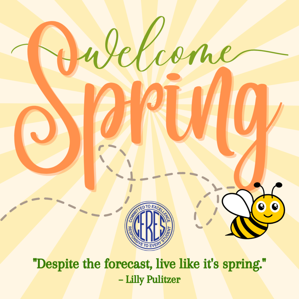 Welcome Spring graphic with sun rays, bee