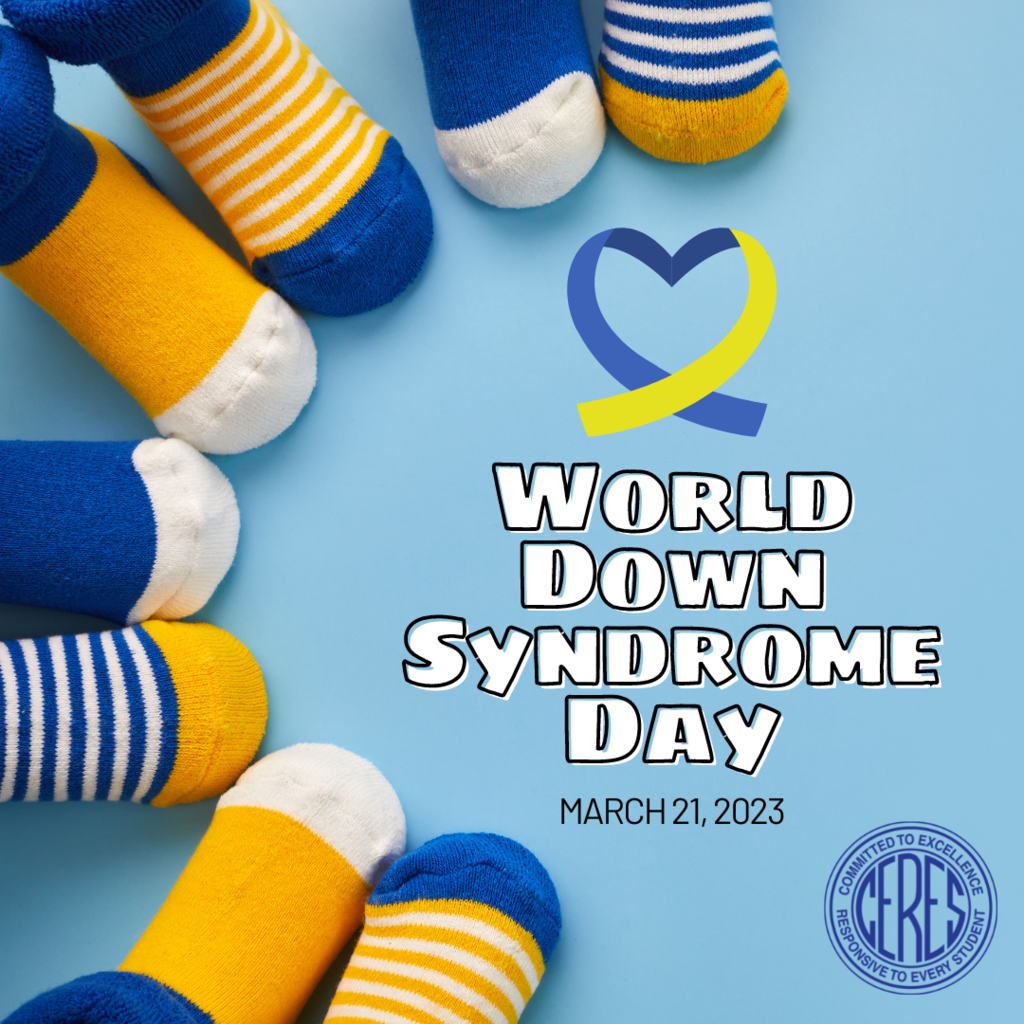 Feet wearing mismatched pairs of blue and gold socks; graphic reads World Down Syndrome Day March 21, 2023