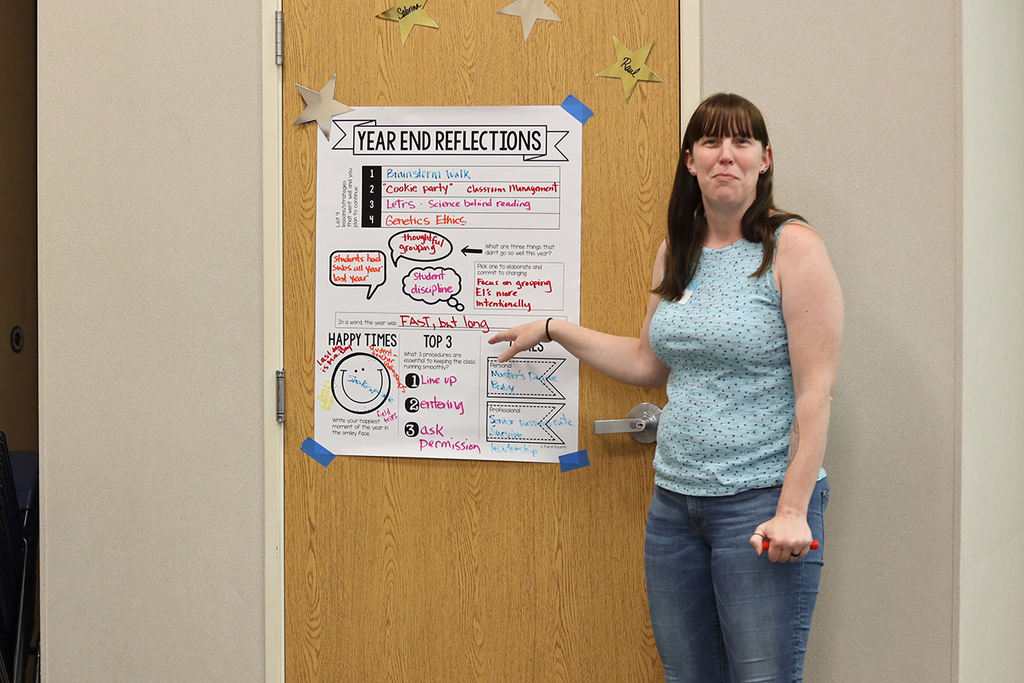Teacher points to poster of year end reflections taped to door