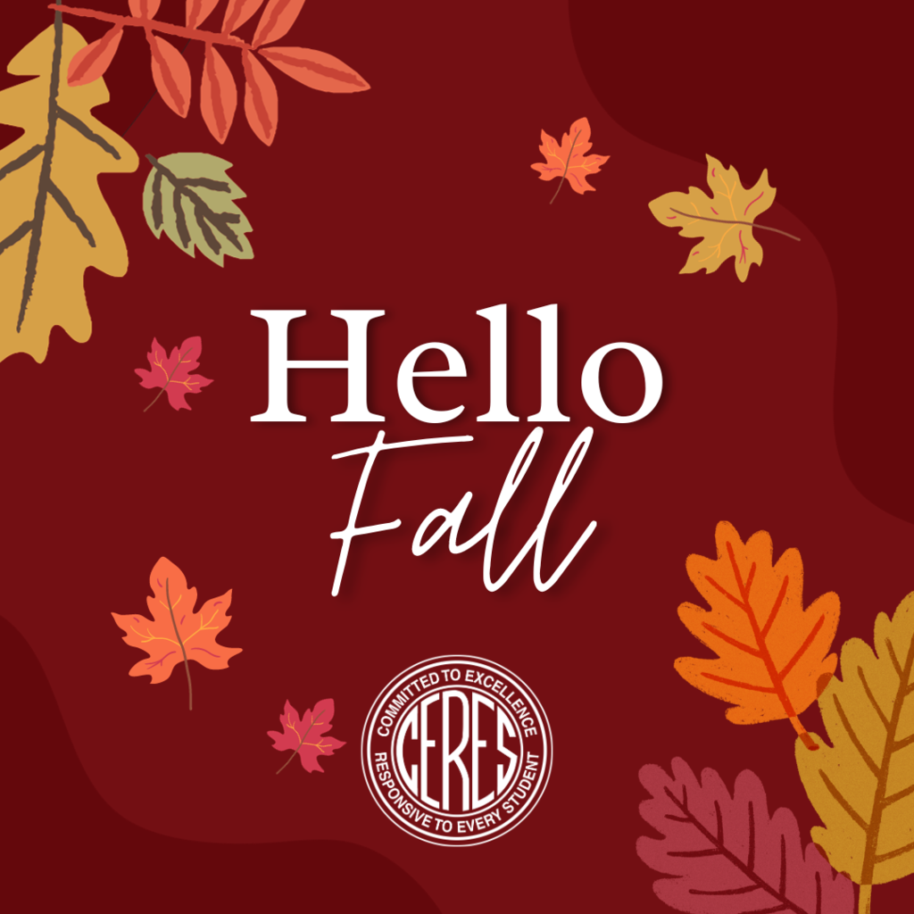 Burgundy background with colorful fall leaves, text reads "Hello Fall"
